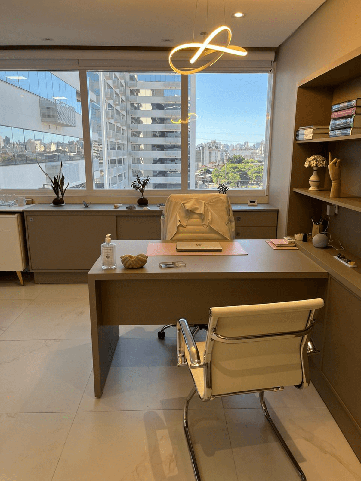 Mesa de atendimento e ambiente acolhedor do consultório